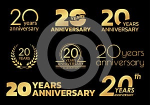 20 years anniversary icon or logo set. 20th birthday celebration golden badge or label for invitation card, jubilee design. Vector
