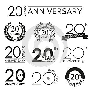 20 years anniversary icon set. 20th anniversary celebration logo. Design elements for birthday, invitation, wedding jubilee.