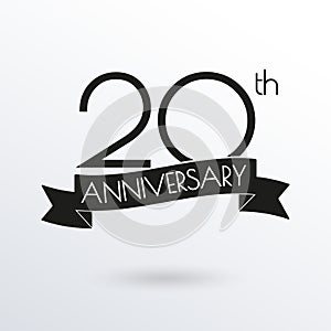 20 years anniversary logo with ribbon. 20th anniversary celebration label. Design element for birthday, invitation, wedding.
