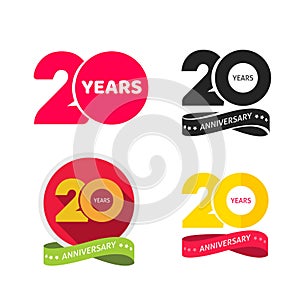 20 years anniversary logo vector icon or 20th year birthday symbol collection flat cartoon, twenty birthday party