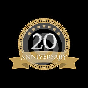 20 years anniversary template with ribbon. 20th celebration emblem or icon. Vector illustration