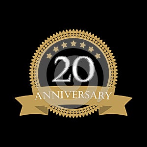 20 years anniversary template with ribbon. 20th celebration emblem or icon. Vector illustration.