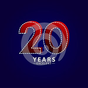 20 Years Excellent Anniversary Celebration Red Dash Line Vector Template Design Illustration