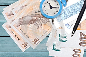 200 Czech korun bills and alarm clock with pen and envelopes. Tax season concept, payment deadline for credit or loan. Financial