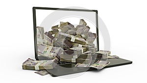 200 Namibian dollar notes coming out of a Laptop monitor isolated on white background. stacks of notes inside a laptop