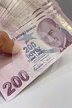 200 Turkish Lira banknotes. Close-up. Financial concept.