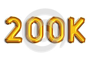200 or two hundred. Banner, realistic 3d gold helium balloons, logo. Numbers isolated on white. Lettering. Graphic font, shiny