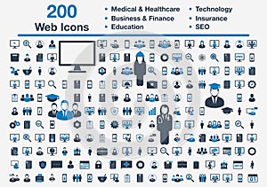 200 Universal Web Icons including Medical and Healthcare, Business, Finance, Insurance, Technology, Education, SEO Sign.