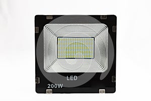 200 watt LED projector light. Black LED lamp with 200 LEDs. On the cover is written