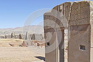 The 2000 year old archway at the Pre-Inca site of Tiwanaku near La Paz in Bolivia.