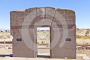 The 2000 year old archway at the Pre-Inca site of Tiwanaku near La Paz in Bolivia.