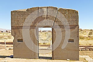 The 2000 year old archway at the Pre-Inca site of Tiwanaku near La Paz in Bolivia.