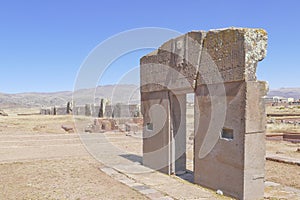 The 2000 year old archway at the Pre-Inca site of Tiwanaku near La Paz in Bolivia.