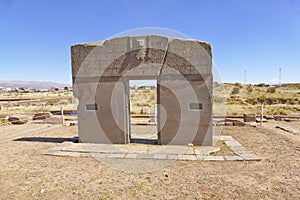 The 2000 year old archway at the Pre-Inca site of Tiwanaku near La Paz in Bolivia.