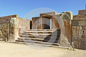 The 2000 year old archway at the Pre-Inca site of Tiwanaku near La Paz in Bolivia.