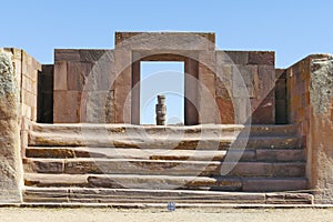 The 2000 year old archway at the Pre-Inca site of Tiwanaku near La Paz in Bolivia.