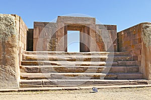 The 2000 year old archway at the Pre-Inca site of Tiwanaku near La Paz in Bolivia.