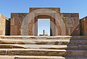 The 2000 year old archway at the Pre-Inca site of Tiwanaku near La Paz in Bolivia.