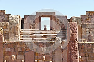 The 2000 year old archway at the Pre-Inca site of Tiwanaku near La Paz in Bolivia.