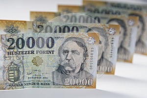 20000 forint banknote stacks as background Hungarian forint Deak Ferenc. Europe Hungary.