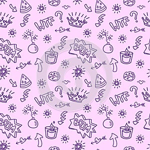 2000s emo girl kawaii style seamless pattern texture background with elements like crown, watermelon, bomb, arrow