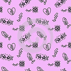 2000s emo girl kawaii style seamless pattern texture background with elements like fishbone, eye, broken heart