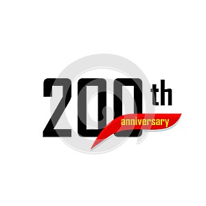 200th Anniversary abstract vector logo. Two handred Happy birthday day icon. Black numbers witth red boomerang shape