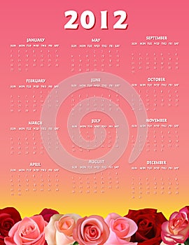 2012 Roses Calendar - Sunday Start