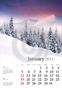 2014 Calendar. January.