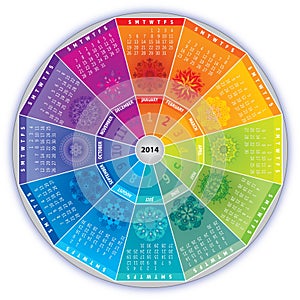 2014 Calendar with Mandalas in Rainbow Colors