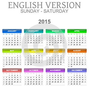 2015 Calendar English Language Version Sun - Sat