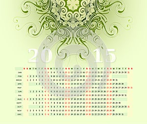 2015 calendar horizontal row