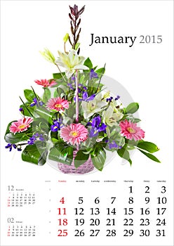 2015 Calendar. January