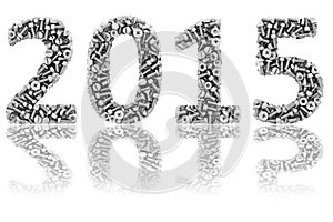 2015 digits composed of differnt bolts and nuts on glossy white