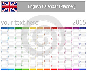 2015 English Planner Calendar with Vertical Months