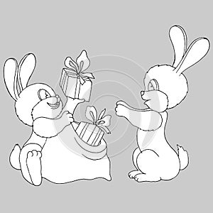 2015 gifts, black and white linear drawing, fairytale christmas rabbits with gifts, isolate