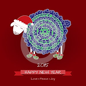 2015, Happy new year greeting card with cute sheep in Christmas