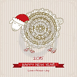 2015, Happy new year greeting card with cute sheep in Christmas