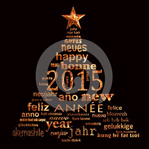 2015 new year multilingual text word cloud greeting card in the shape of a christmas tree