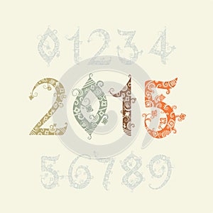 2015 ornamental numbers font, Happy New Year 2015 colorful detailed sign, greeting card, 1-10. Vector illustration for holiday des