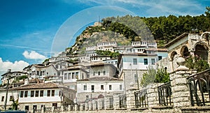 2016 Albania Berat - City of thousand windows, beautifull view of town on the hill between a lot of trees and blue sky