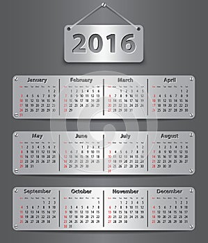 2016 English calendar