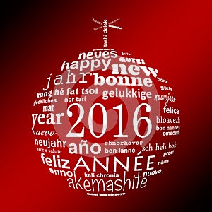 2016 new year multilingual text word cloud greeting card in the shape of a christmas ball