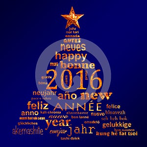 2016 new year multilingual text word cloud greeting card in the shape of a christmas tree