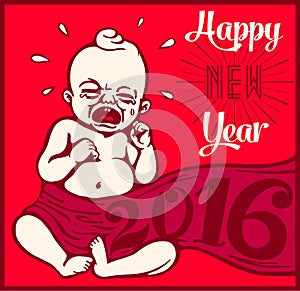 2016 New years eve vintage cartoon vector illustration with crying new born baby