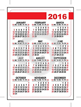 2016 pocket calendar. Template grid. First day Sunday