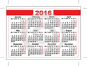 2016 pocket calendar. Template grid. Horizontal orientation days of week