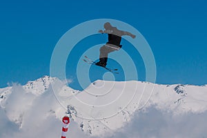 2017 04 Sochi, Russia, Festival NewStarCamp: skier jumps from a high springboard