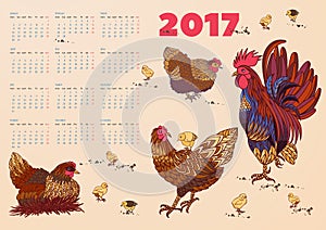 2017 calendar with rooster, hens and chickens. Week starts on Monday