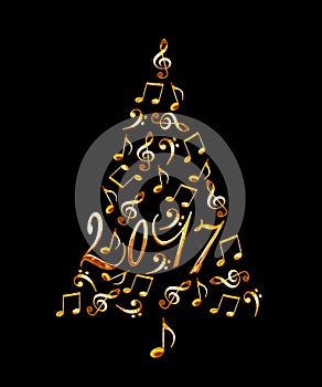 2017 christmas tree with golden metal musical notes isolated on black